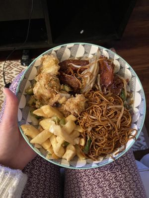 Char siu, noodles, salt and pepper chips, deep fried cauliflower and salt and pepper asparagus at Ruyi Vegetarian House  in Manchester