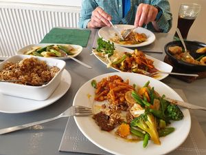 Combo, Sticky non beef,  fried rice and vegetables. at Ruyi Vegetarian House  in Manchester