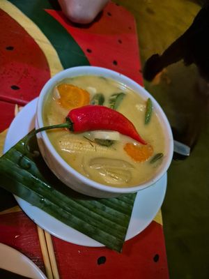 Yellow curry, ordered high spice at Thai Brasil in Paraty
