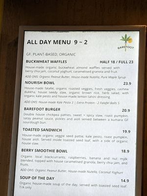 Food menu at Barefoot Eatery in Christchurch