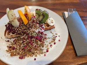 Half Waffle with fruit at Barefoot Eatery in Christchurch