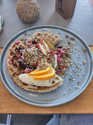 Buckwheat waffles at Barefoot Eatery in Christchurch