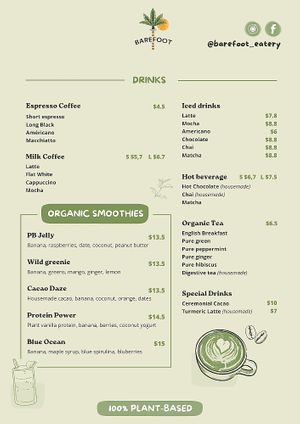 Drinks Menu  at Barefoot Eatery in Christchurch