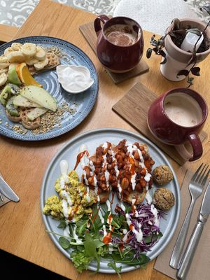 Big breakfast and waffles with chai lattes.   at Barefoot Eatery in Christchurch