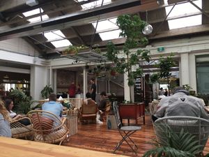 The courtyard, covered with lots of light. at Barefoot Eatery in Christchurch
