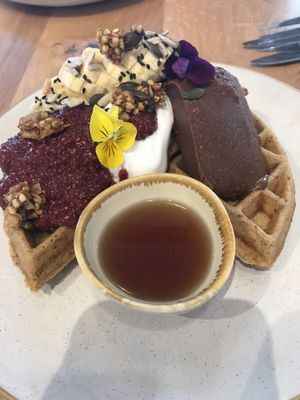 Buckwheat waffles with house made vegan nutella  at Barefoot Eatery in Christchurch
