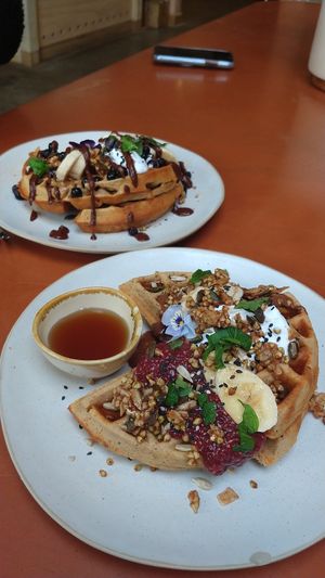 Buckwheat waffles at Barefoot Eatery in Christchurch