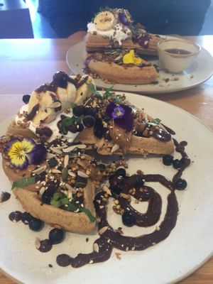Peanut butter waffles and Nutella waffles - we decided the Nutella waffles won but it was a close call!  at Barefoot Eatery in Christchurch
