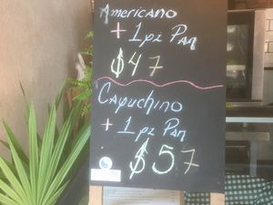 one coffee + sweet bread for 47 pesos or 57 pesos at Green & Yang in Mexico City