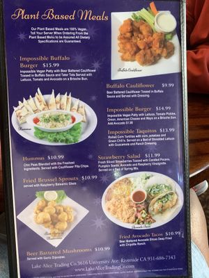 Plant based menu for vegans  at Lake Alice Trading Co in Riverside
