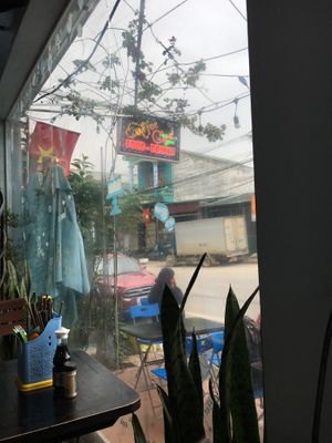 View outside. Sign of the restaurant  at Caffe Yen Ngoc in Ha Giang