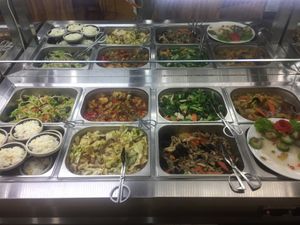 Many veggie dishes  at ZhengNian Vegan Buffet in Qufu