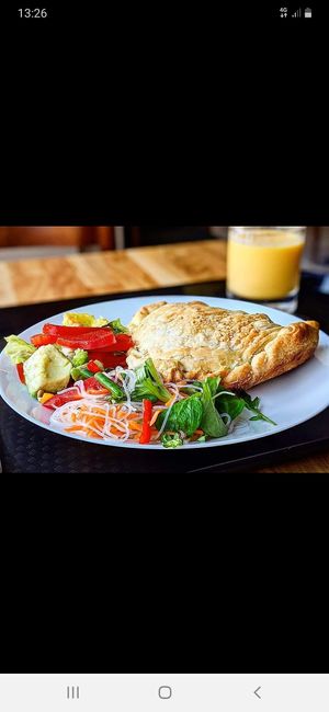 Vegan Calzone with salad and Vegan Mango lassi Yum!  at Gopal - temporarily closed in Tours