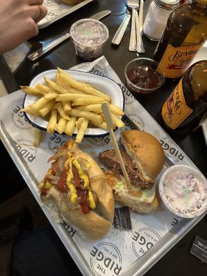 Shared hot dog and burger with a friend   at The Ridge Bar & Grill in Swindon