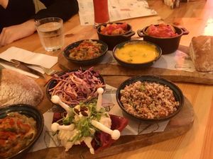 Vegan deli board (aubergine caviar, red cabbage slaw, hummus quinoa, mushroom pâté, patatas bravas & bread) at The Botanist in Birmingham