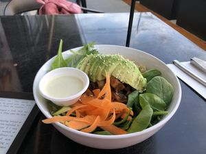 Custom salad bowl! Massive servings of toppings hiding under there! at Nice Sprout in Houston