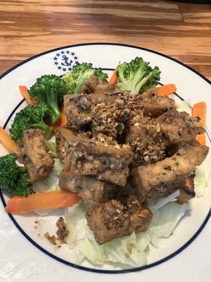 Garlic tofu good! The rest??? Cold broccoli and warm lettuce .  at Thai House in Santee