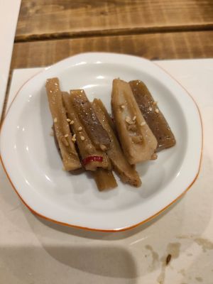 Side dish 2: burdock root and konjak at Fujifuku in Tokyo