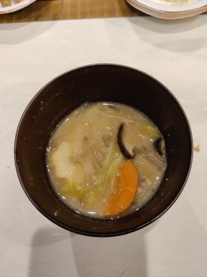 Miso soup: potato, carrot, onion, rice cake, and mushroom at Fujifuku in Tokyo