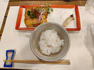 Tofu steak, mushroom and rice at Fujifuku in Tokyo