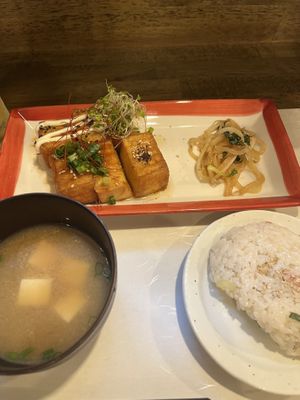 Ginger tofu, miso soup and rice  at Fujifuku in Tokyo