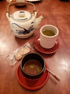 Nice red bean machi dessert and local rice cookie.
Great friendly service 😊, nice vegetarian set. They are really accommodating. 
Would recommend this place 👍😋🥗🍱🥦 at Kappou Yamabuki in Nago