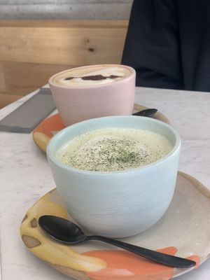 Bon soy latte and bon soy matcha espresso latte at my bowl in Osaka