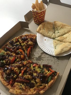 Vegan Apollo pizza, vegan garlic bread and fries at Pompeii Pizza in Palmerston North