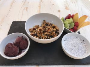 Açai with homebaked vegan granola and chia pudding.  at Al-Gharb Coffee Roasters in Albufeira