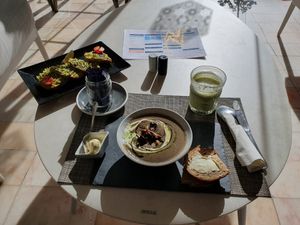 Avocado toast with wild mush room soup and matcha latte soya at Al-Gharb Coffee Roasters in Albufeira