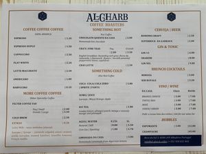 Drink menu at Al-Gharb Coffee Roasters in Albufeira