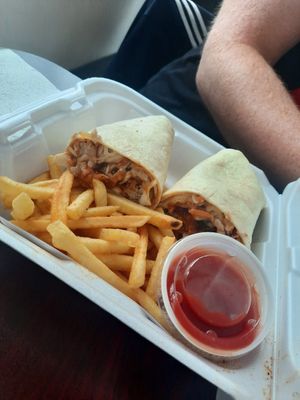 Vegan BBQ chicken wrap with fries at Yes It's Fresh in Cleveland