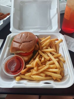 Vegan fish sandwich with fries at Yes It's Fresh in Cleveland