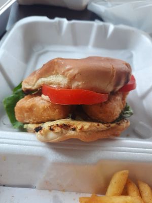 Closeup of vegan fish sandwich at Yes It's Fresh in Cleveland