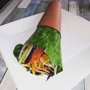 Green leaf veggie wrap with peanut sauce at Yes It's Fresh in Cleveland