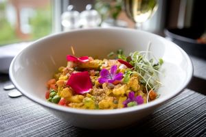 Our most famous vegan "mac n' cheese". To be enjoyed on our lunch menu.  at Spa Eastman Restaurant in Eastman