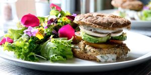 Our vegetarian sandwich, served with avocado, tomato and a side of green salad. at Spa Eastman Restaurant in Eastman