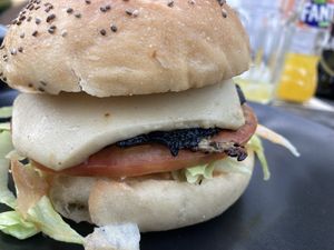 Mushroom burger  at Three Little Birds in Sagres