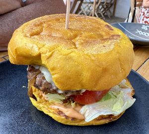 Vegan burger and cucumber mint lemonade   at Three Little Birds in Sagres
