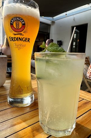 House made cucumber mint lemonade   at Three Little Birds in Sagres