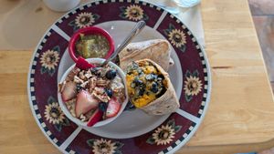 Birdhouse burrito with a side of oatmeal at Three Little Birds in Sagres