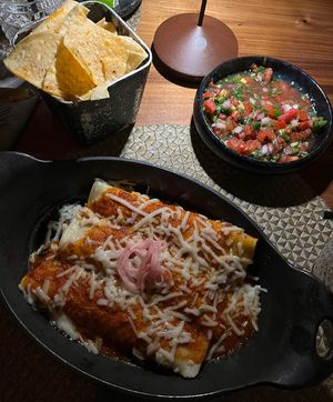vegan enchiladas and complimentary chips and salsa  at Toca Madera in Scottsdale