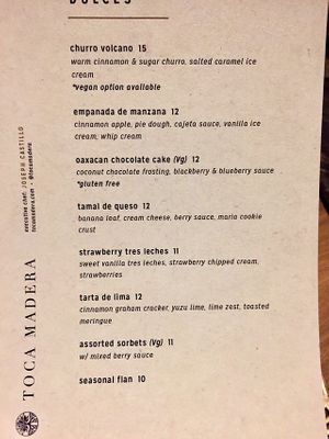 Note multiple vegan options on desert menu at Toca Madera in Scottsdale