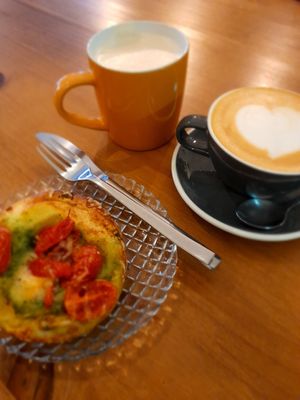 Brioche caprese w/ Prana Chai & latte both with oat milk at Blackbird in Valencia