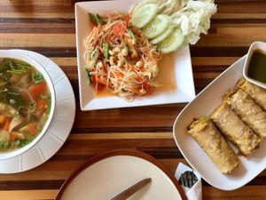 Tom Yum Soup, Papaya Salad and Indian Wrap, all vegan at Flavours Of India in Khao Lak