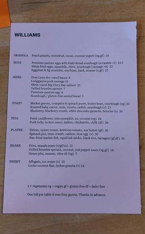 Menu April 2023 at Williams Eatery in Auckland