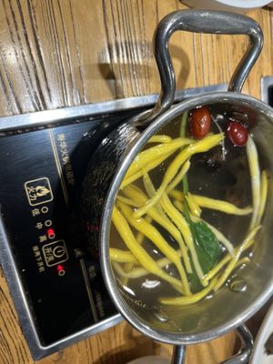 Hot pot at the table.  at Miao Ji Xiang Vegan Buffet in Qingdao