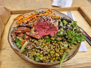 Gergelina salad, with the hummus ball partially eaten😁 at Paraíso Bowls in Porto Alegre