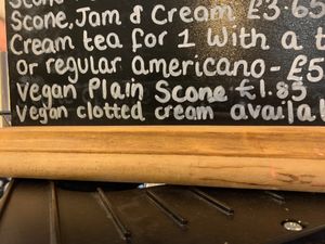 Menu with vegan clotted cream  at The Boathouse Tea Room in Pembroke