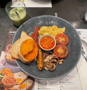 Vegan full English with the oat milk strawberry iced matcha  at LHR - Wagamama - T3 in West London